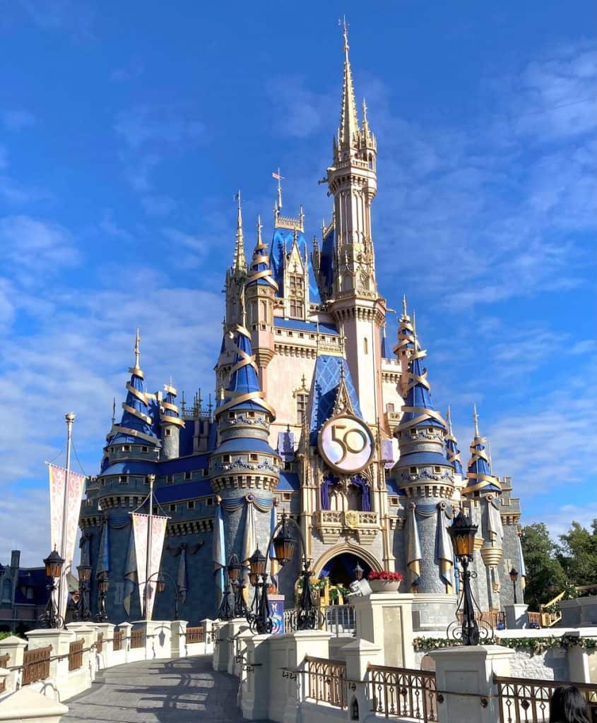 Walt Disney World 50th Anniversary color scheme on Cinderella's Castle.