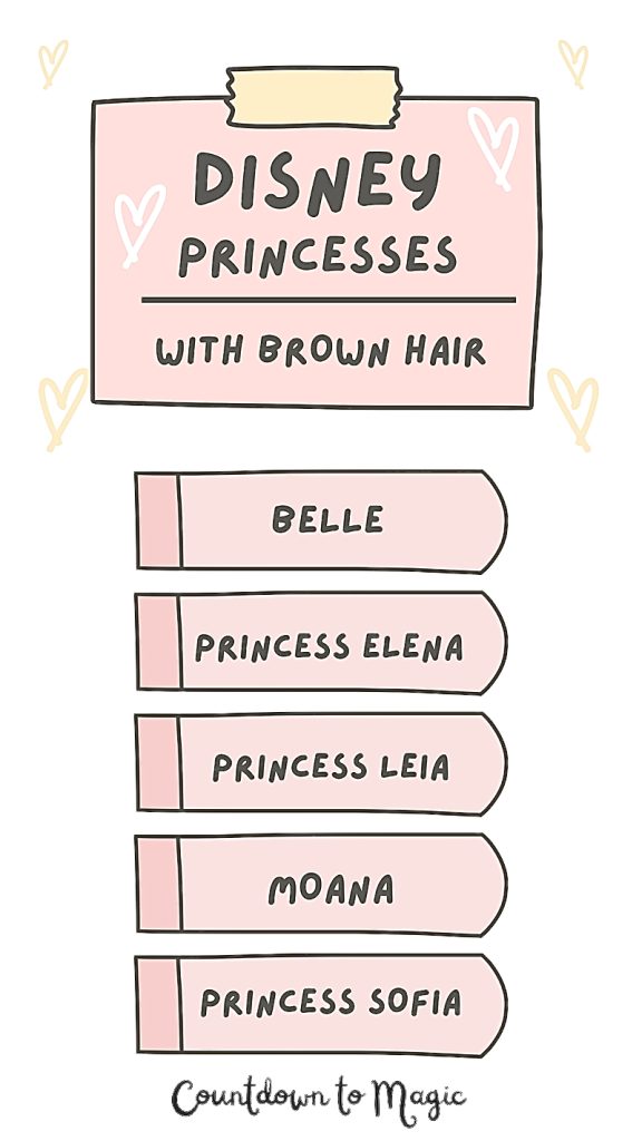 The Best Disney Princesses with Brown Hair Are: Belle, Princess Elena of Avalor, Princess Leia Organa, Moana, and Princess Sofia.